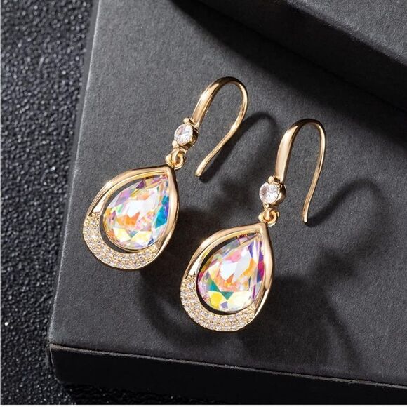 14K Yellow Gold and Iridescent AB Austrian Crystal Teardrop Halo Hook Earrings - Picture 3 of 7